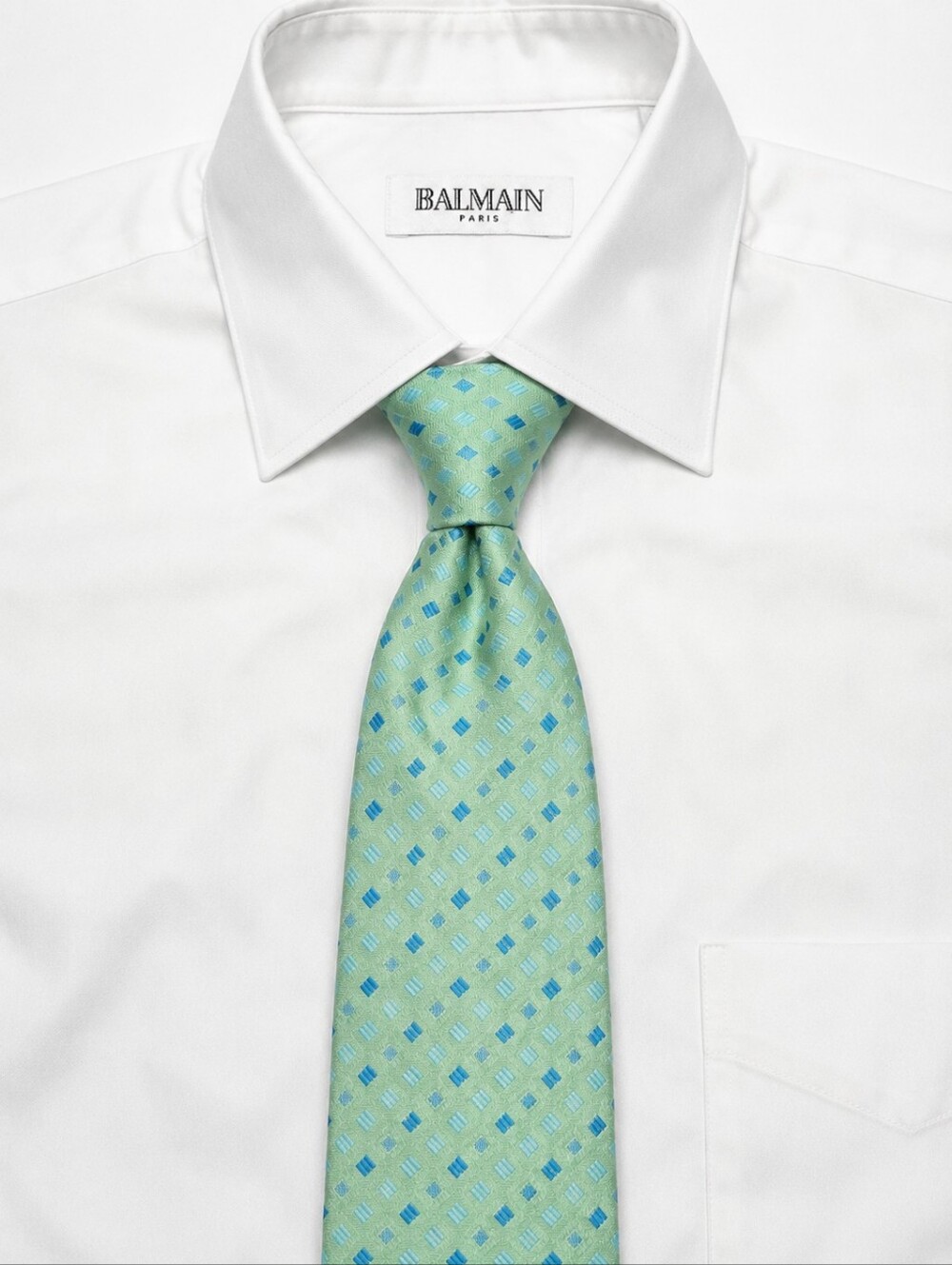 Vintage Balmain Paris 100% Silk Geometric Tie Green Blue